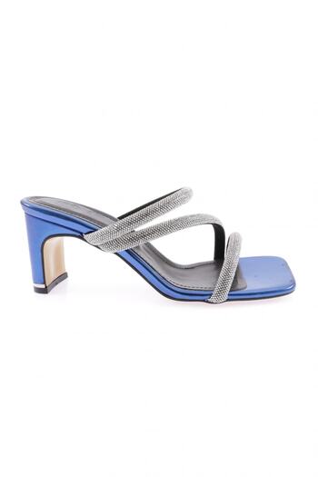 DGN Blue Crystal Stone Cross Strap Women's Heeled Slippers - 21423382
