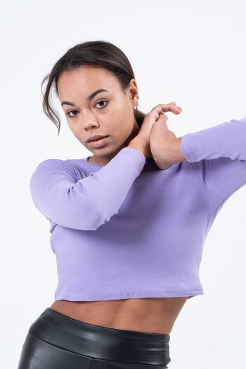 PUNKY CAT Women's Dark Lilac Long Sleeve Ribbed Blouse Crop Knitted T-Shirt