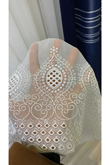 Fon Dünyası Hem Embroidered Damaks Tulle Curtain (1/3 Tight Pleat)