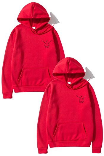 MODAGEN Lover Couple Combination Holding Hands Symbol Design 2-Piece Red Hooded Sweatshirt