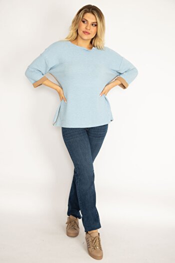 Şans Women's Large Size Blue Piping Detailed Capri Sleeve Sweatshirt 65n35390