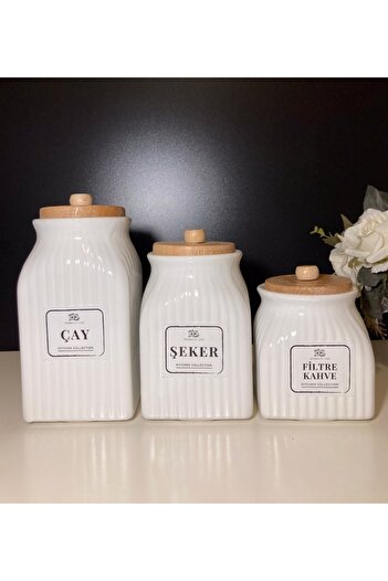 Pembelia Life 3 Size Labeled Porcelain Bamboo Lid Tea Sugar Coffee Storage Jar Container