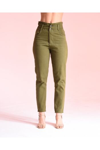 SHEVEGA High Waist Green Women's Mom Jean - Double Button, Elastic