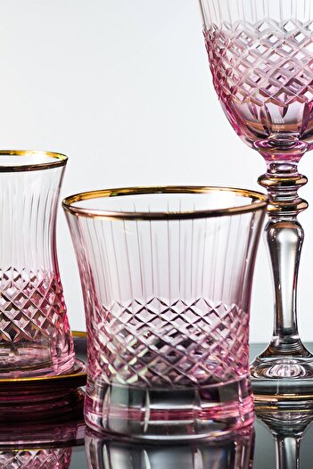 KCD Antique Pink Cut Hand Decor Gilded 6 Pieces Patterned Water Glass Set