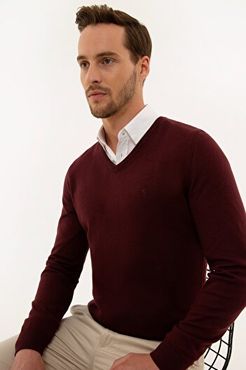 Pierre Cardin Men's Claret Red Slim Fit V-neck Basic Knitwear Sweatshirt