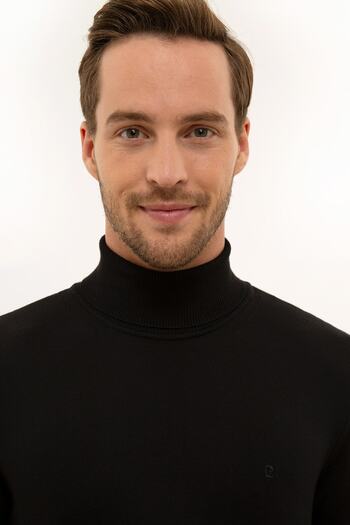 Pierre Cardin Ανδρικό Μαύρο Slim Fit Ολόκληροι Γιακάς Βασικό Πλεκτό Πουλόβερ