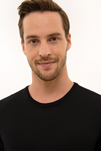 Pierre Cardin Men's Black Slim Fit Crew Neck Basic Knitwear Sweater