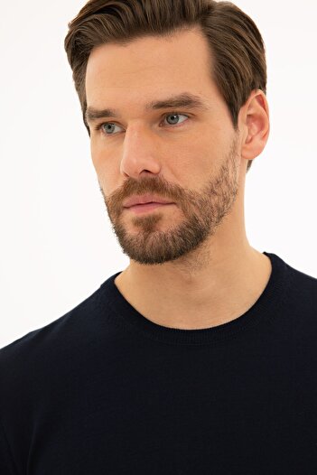 Pierre Cardin Men's Navy Blue Slim Fit Crew Neck Basic Knitwear Sweater
