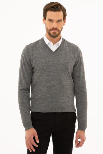 Pierre Cardin Men's Gray Melange Slim Fit V-Neck Basic Knitwear Sweatshirt G021SZ0TK.000.1111415