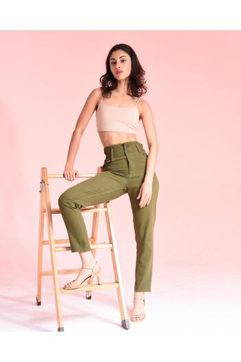 SHEVEGA High Waist Green Women's Mom Jean - Double Button, Elastic