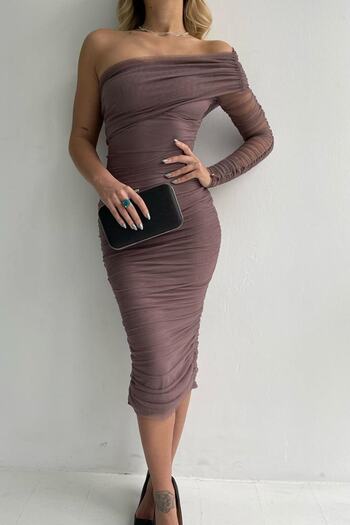 lovebox Gefütterter Tüllstoff, einärmelig, detaillierter schmaler Schnitt, Midi-Länge, Nerz-Bleistift-Abendkleid, Abschlusskleid 109