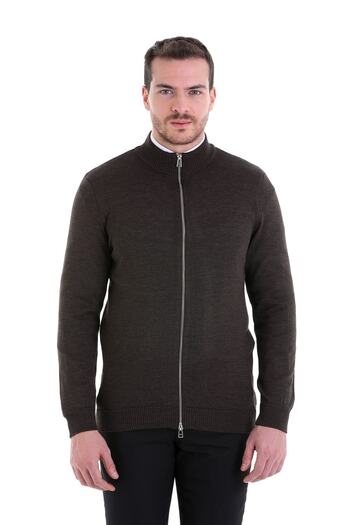 Hatemoğlu Brown Comfort Fit Plain Half Turtleneck Wool Zippered Knitwear Cardigan