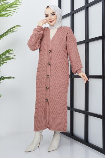 Pamuk Butik Women's Dusty Rose Basket Knit Buttoned Full Length Knitwear Cardigan