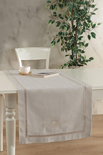 ÖDEL HOME Naturel Buldan Kumaşı Ara Dantelli Zarif Işlemeli 50x130 Cm Runner