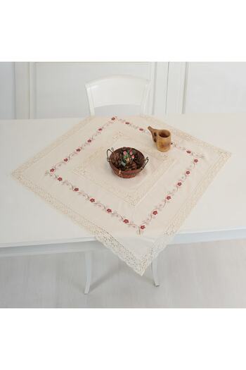 ÖDEL HOME Naturel Buldan Kumaşı Dantelli Çiçek Işlemeli 90x90 Cm Masa Örtüsü