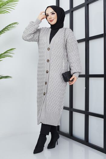 Pamuk Butik Women's Gray Basket Knit Buttoned Full Length Knitwear Cardigan