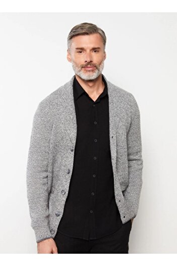 LC Waikiki Grey Shawl Collar Men's Knit Cardigan