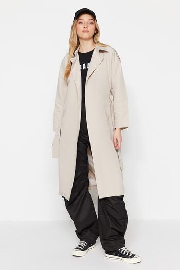 Trendyol Collection Stone Oversize Wide Cut Belted Epaulette Detailed Long Trench Coat TWOSS20TR0007