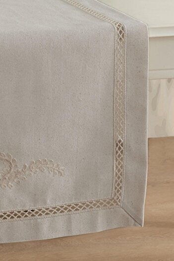 ÖDEL HOME Naturel Buldan Kumaşı Ara Dantelli Zarif Işlemeli 50x130 Cm Runner