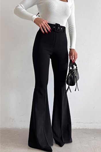 FEMELLE Γυναικείο Μαύρο Ψηλόμεσο Full Lycra Belted Flare Leg Παντελόνι