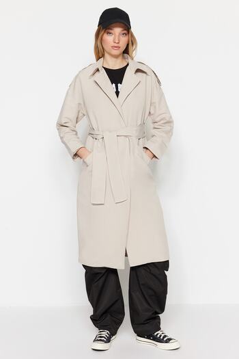 Trendyol Collection Stone Oversize Wide Cut Belted Epaulette Detailed Long Trench Coat TWOSS20TR0007