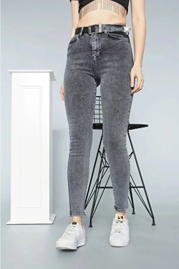 Trn JNS Kadın Füme Kar Yıkama Yüksel Bel Bilek Boy Dar Paça Skinny Likralı Kot Pantalon