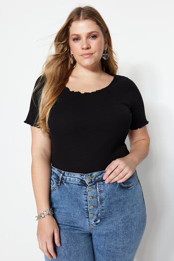 Trendyol Curve Black Ribbed Pool Neck Knitted Plus Size Blouse Tbbss23Bf00010