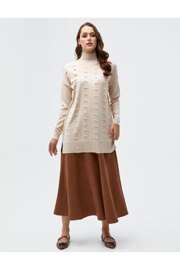 Kayra Beige Colored Decorative Tasseled Knitwear Tunic