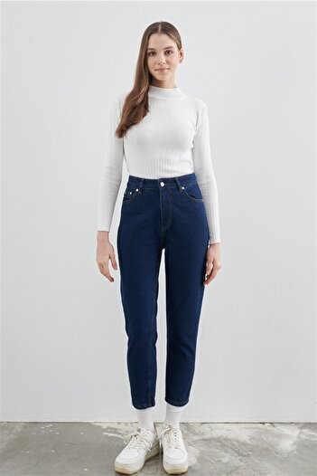 Trn JNS Yüksek Bel Koyu Mavi Lacivert Mom Likralı Solmaz Koyu Mavi Ekstra Rahat Mom Jeans