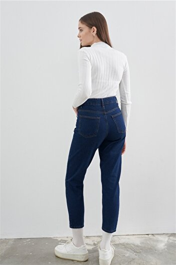 Trn JNS Yüksek Bel Koyu Mavi Lacivert Mom Likralı Solmaz Koyu Mavi Ekstra Rahat Mom Jeans