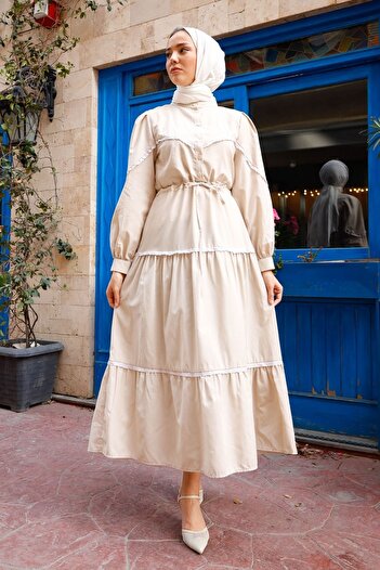 InStyle Guipure Λεπτομέρεια Balloon Sleeve Hijab Φόρεμα - Πέτρα