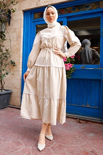 InStyle Guipure Λεπτομέρεια Balloon Sleeve Hijab Φόρεμα - Πέτρα