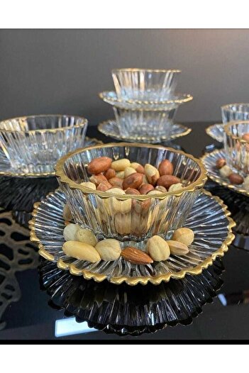 P H Panayır Home 6 Pieces Gold Glass Bowl - Turkish Delight Bowl - Jam Bowl - Snack Bowl - Sugar Bowl - Sauce Bowl - Dragee Bowl