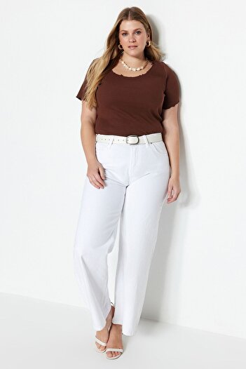 Trendyol Curve Brown Corded U-Neck Knitted T-Shirt TBBSS23BF00010