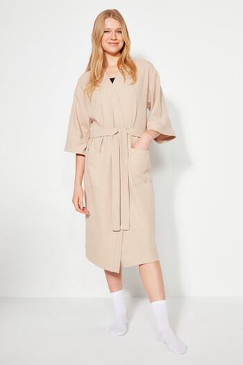 Trendyol Collection Textured knitted Dressing Gown - Stone Belted, THMSS23SB00016