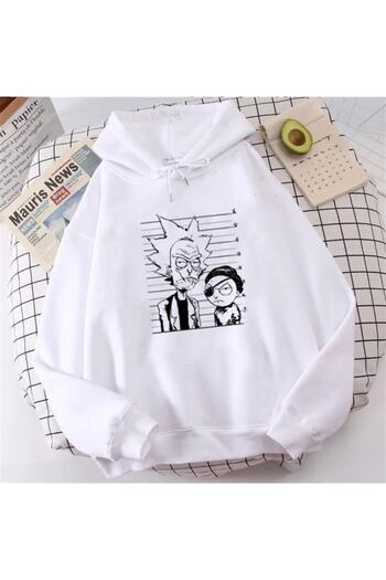 Touz R&m Printed White Unisex Hooded Oversize Sweatshirt Hoodie