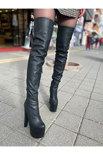 Afilli Women's Black Thick High Platform Heels 16-17 cm Above Knee Socks Evening Dress Boots