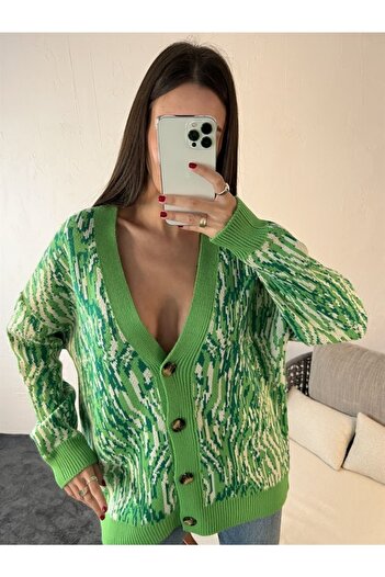 Ece Knitwear Patterned Cardigan Light Green Cream