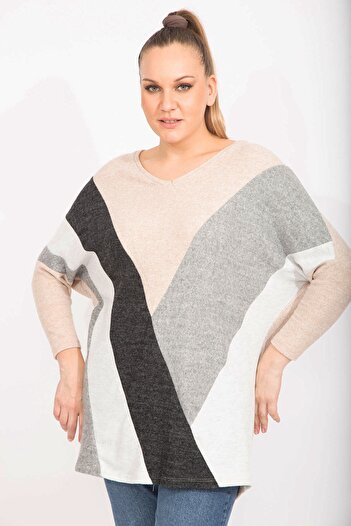 Şans Women's Large Size Mink Comfortable Cut Soft Fabric Color Combination Tunic 65n35490