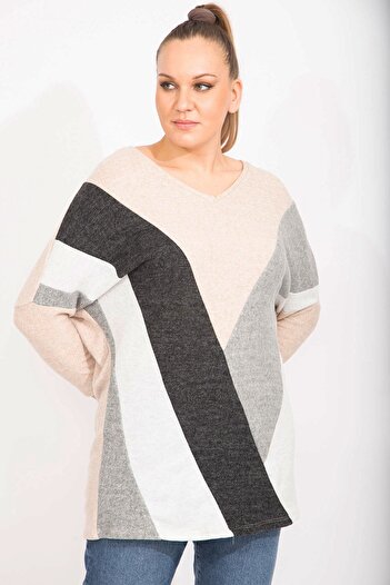 Şans Women's Large Size Mink Comfortable Cut Soft Fabric Color Combination Tunic 65n35490