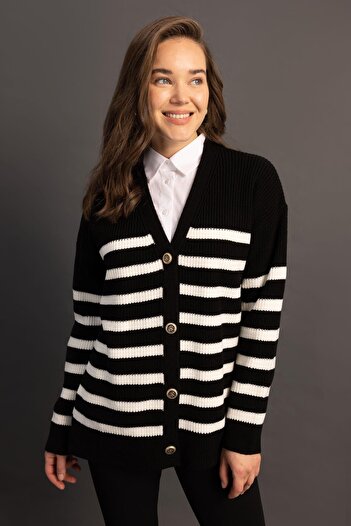 DeFacto Pruhovaný cardigan s výstřihem do V Regular Fit