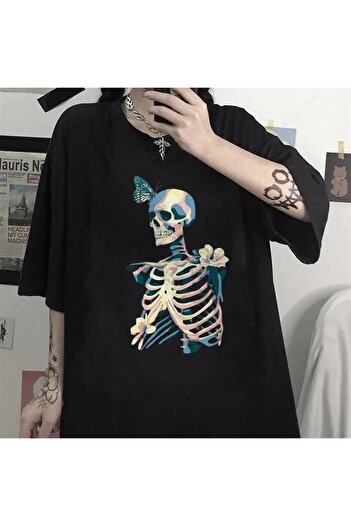 Touz Satu Moda & Skull Butterfly Black Unisex Oversize T-shirt