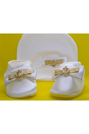 BUKAWEAR Baby Boy Ecru Newborn Shoes Hat Set of 2 Set