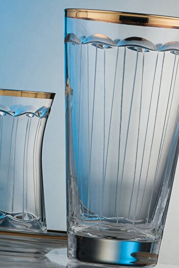 KCD Elegance Gold Cut Hand Decor Gilded 6 Pieces Patterned Water and Soft Drink Glass Set