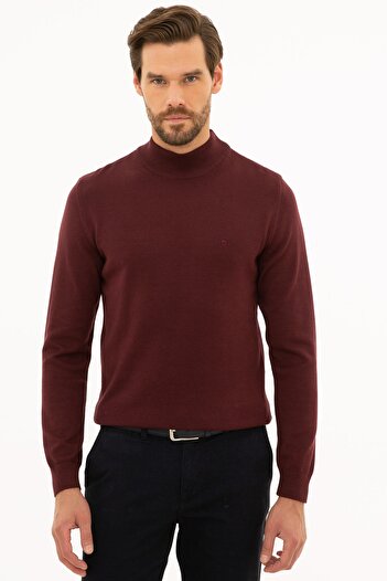 Pierre Cardin Men's Burgundy Slim Fit Half Turtleneck Basic Knitwear Sweater