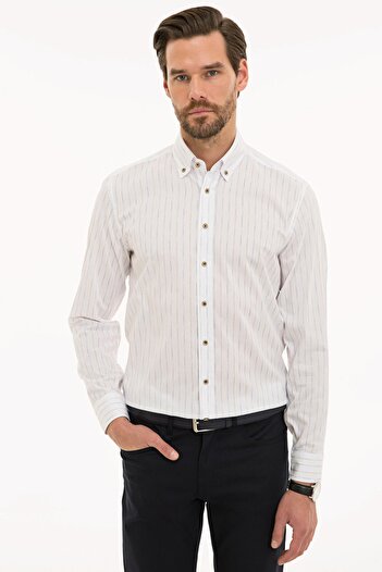 Pierre Cardin Λευκό Slim Fit πουκάμισο με μπεζ λεπτομέρεια