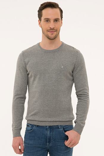 Pierre Cardin Men's Gray Melange Slim Fit Crew Neck Basic Knitwear Sweater