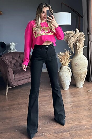 Trn JNS Eva Ispanyol Paça Siyah Flare Süper Yüksek Bel Kadın Jeans Pantolon