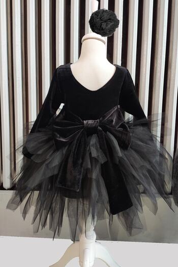 Shecco Babba Girl's Black Velvet Tulle Dress, Long Sleeve Black Bow Birthday, Bandana