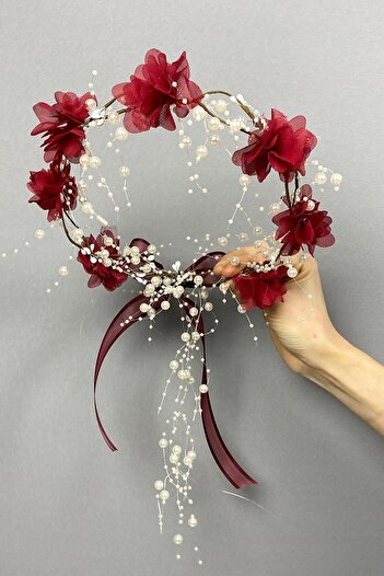 Hobigram Burgundy Laser Floral Pearl Special Design Bridesmaid Crown Outdoor Shooting Crown – Party Crowns, Stylish Design – P